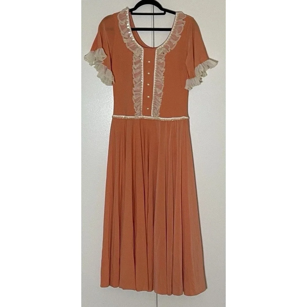 Cottagecore Prarie peach-colored‎ dress lace sequin trim Morute Costume
